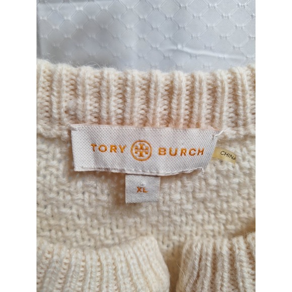 TORY BURCH Wool Alpaca Blend Cable Knit Cardigan Sz XL Beige Leather Logo Close - Picture 3 of 7